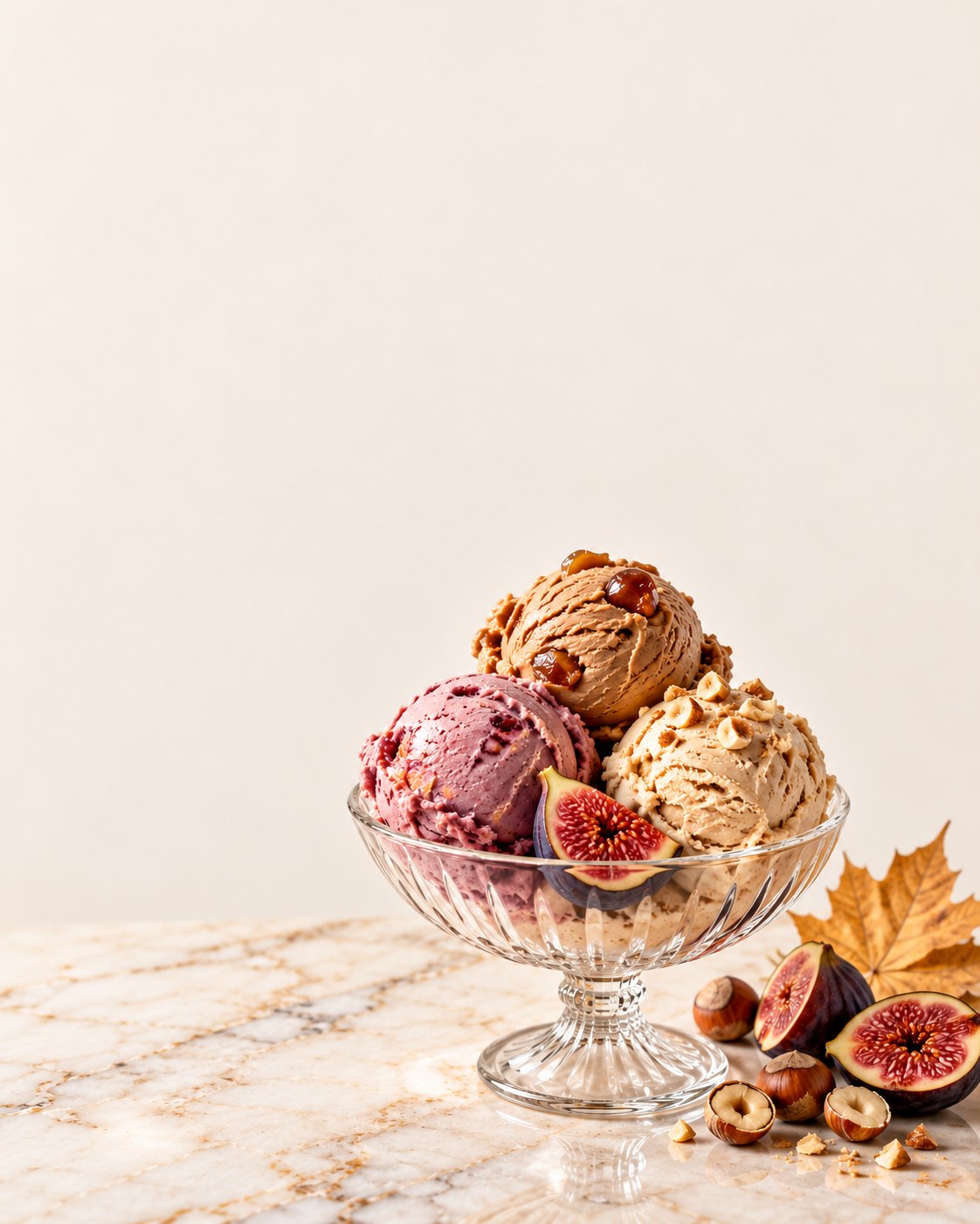 Coupe de gelato d'automne aux saveurs marron glacé, figue et noisette